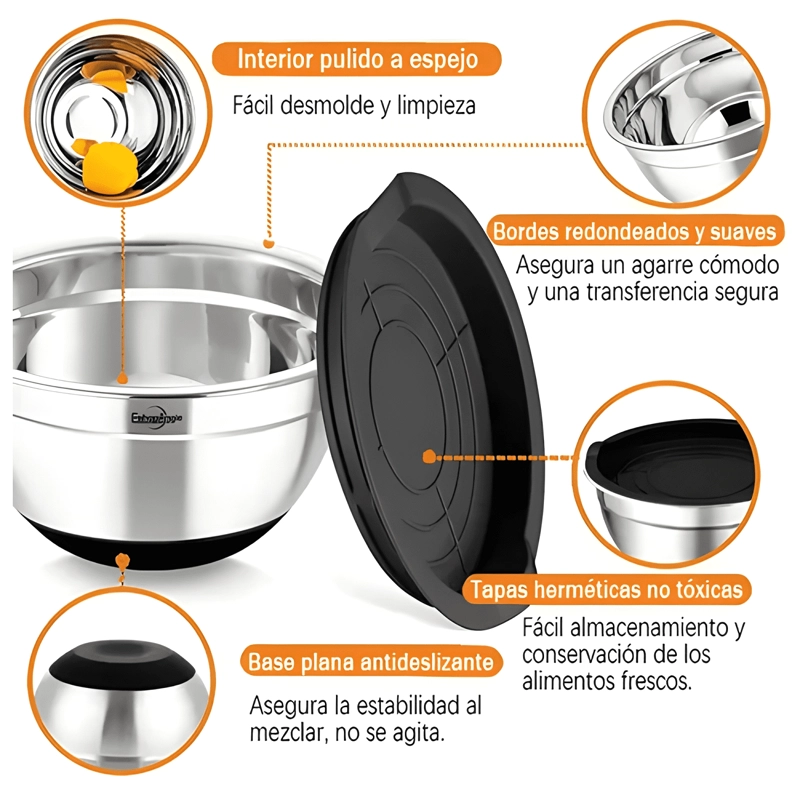 3 BOWLS CON TAPA ACERO INOXIDABLE Y BASE ANTIDESLIZANTE - 1