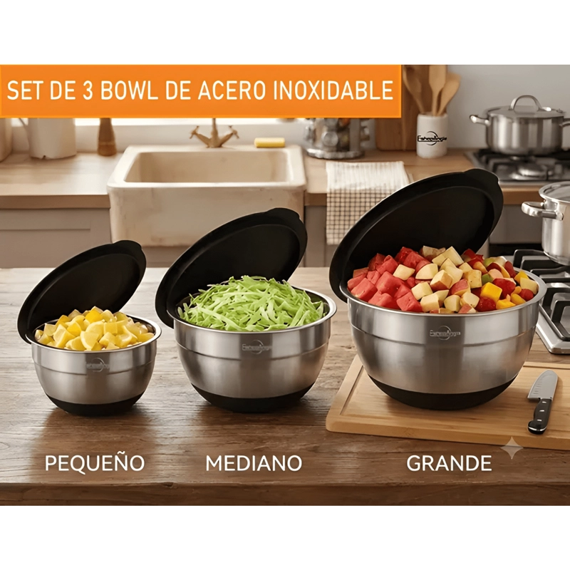 3 BOWLS CON TAPA ACERO INOXIDABLE Y BASE ANTIDESLIZANTE - 3