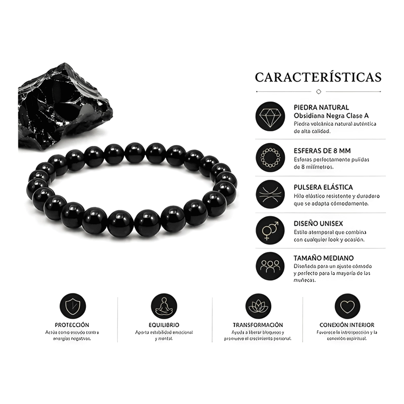 PULSERA ELASTICA OBSIDIANA 8MM UNISEX PROTECCION NEGRA #2 - 1