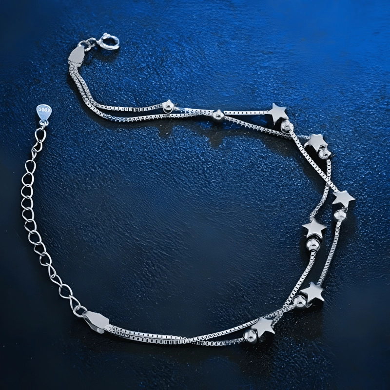 PULSERA ESTRELLAS Y ESFERAS DE PLATA LEY 925 + BOLSA + #2 - 3