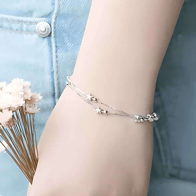 PULSERA ESTRELLAS Y ESFERAS DE PLATA LEY 925 + BOLSA + #2 - 4