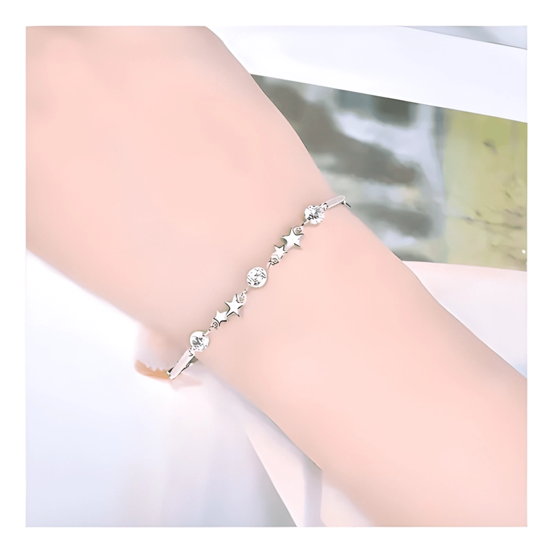 PULSERA ESTRELLAS Y ESFERAS DE PLATA LEY 925 + BOLSA + PAÑO - 1
