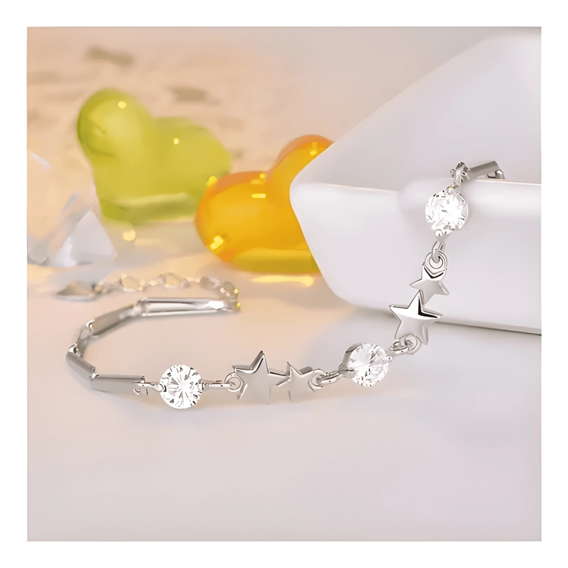 PULSERA ESTRELLAS Y ESFERAS DE PLATA LEY 925 + BOLSA + PAÑO - 2