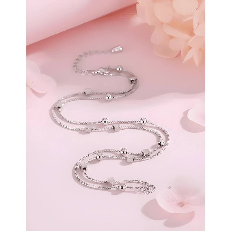 PULSERA ESTRELLAS Y ESFERAS DE PLATA LEY 925 + BOLSA + PAÑO - 4
