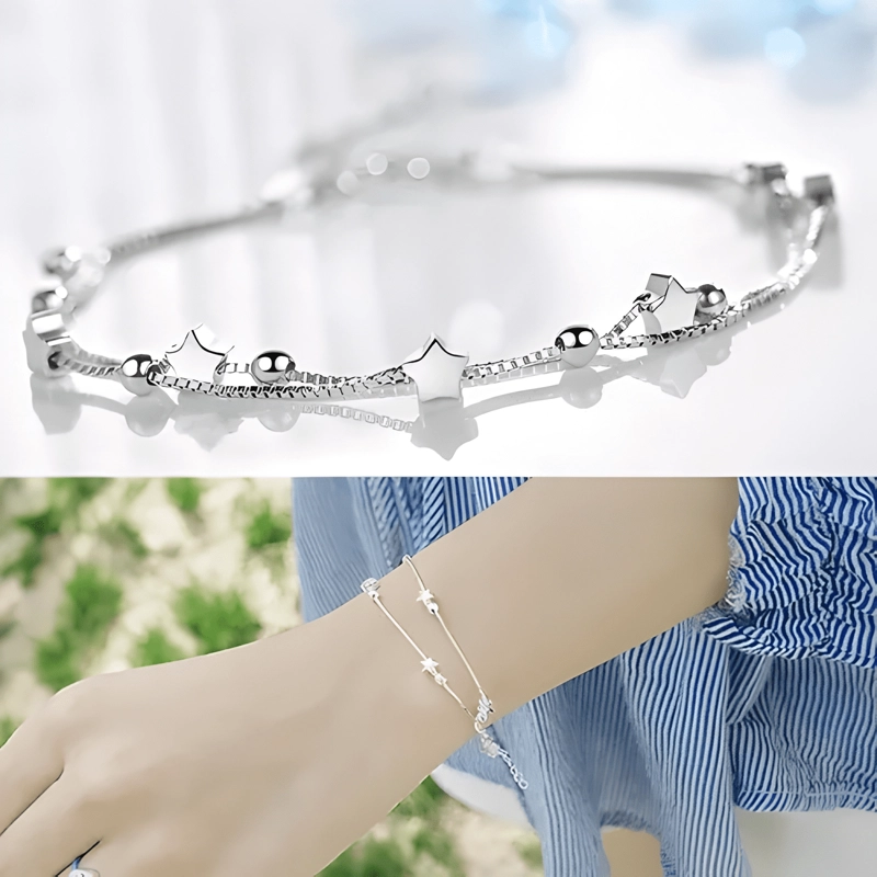 PULSERA ESTRELLAS Y ESFERAS DE PLATA LEY 925 + BOLSA + - 2