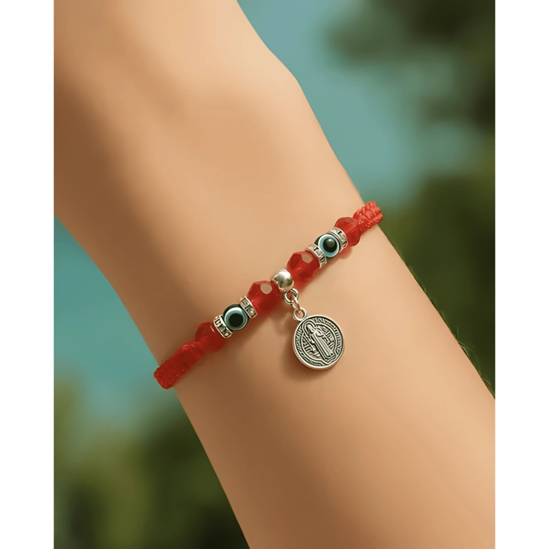 PULSERA HILO SAN BENITO OJO TURCO CRISTALES ROJOS ROJO - 2