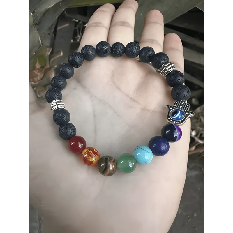 PULSERA 7 CHAKRAS MANO DE FATIMA PIEDRAS NATURALES VOLCANICA - 1