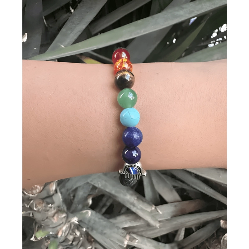 PULSERA 7 CHAKRAS MANO DE FATIMA PIEDRAS NATURALES VOLCANICA - 2