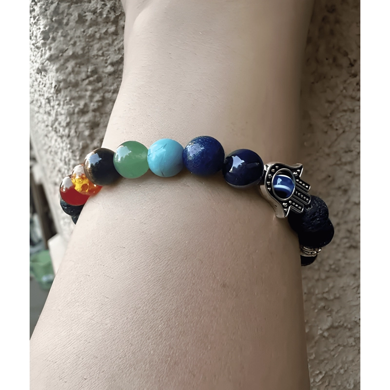 PULSERA 7 CHAKRAS MANO DE FATIMA PIEDRAS NATURALES VOLCANICA - 3