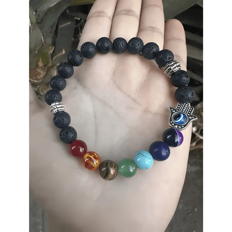 PULSERA 7 CHAKRAS MANO DE FATIMA PIEDRAS NATURALES VOLCANICA - 4