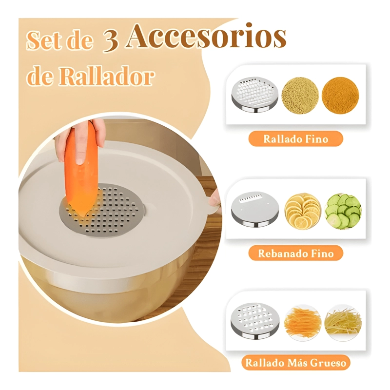 SET 6 BOWLS ACERO INOXIDABLE CON TAPA RALLADOR PLATEADO - 1