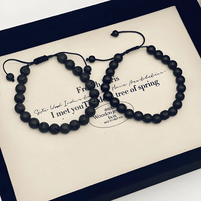 PULSERA DE AGATA PULSERA DE PIEDRA DE LAVA, 2 PIEZAS NEGRA - 1