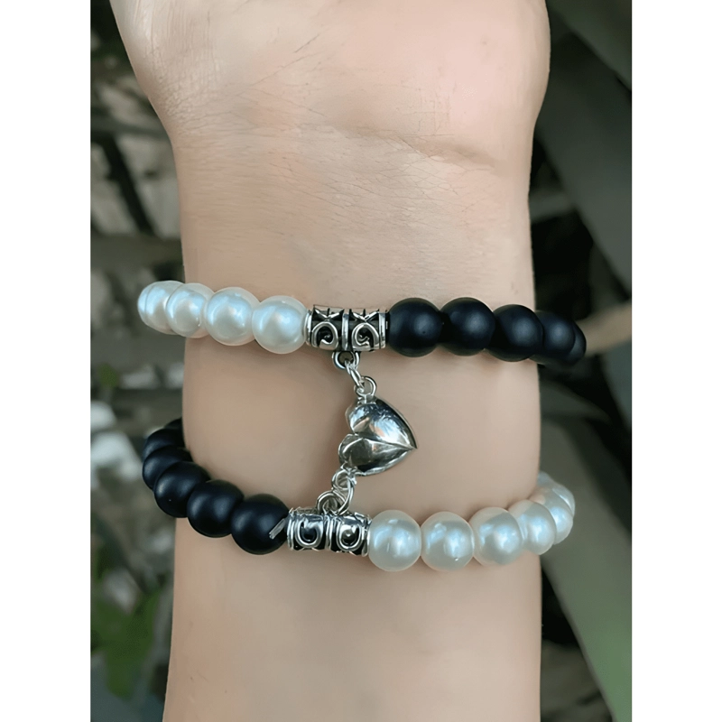 PULSERA PAREJA IMAN CORAZON PERLAS REGALO AMOR SAN VALENTIN - 2