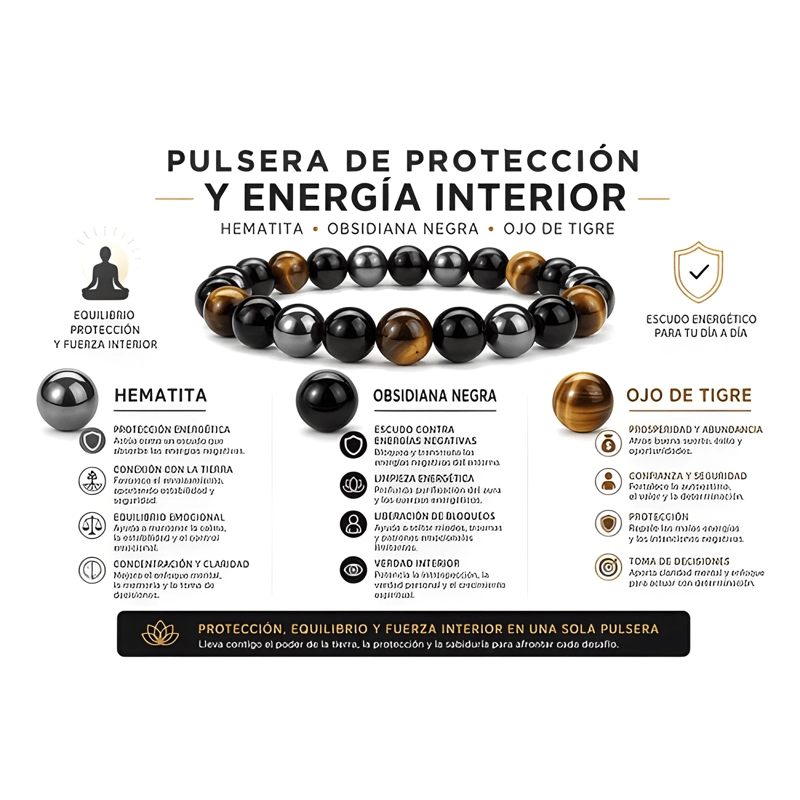PULSERA TRIPLE PROTECCION HEMATITA OBSIDIAN OJO TIGRE HOMBRE - 1