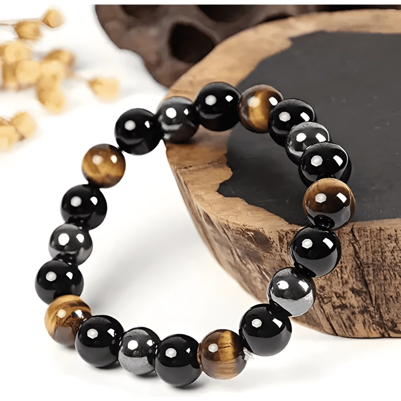 PULSERA TRIPLE PROTECCION HEMATITA OBSIDIAN OJO TIGRE HOMBRE - 2