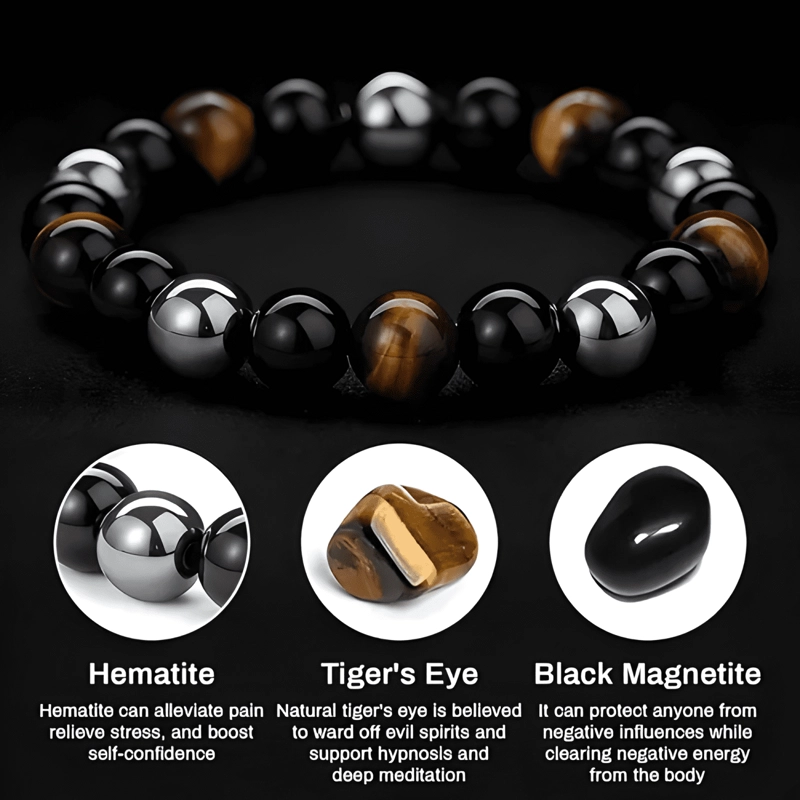 PULSERA TRIPLE PROTECCION HEMATITA OBSIDIAN OJO TIGRE HOMBRE - 3