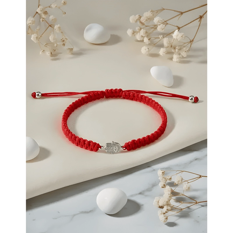 PULSERA HILO MANO DE FATIMA PLATA FINA CON CIRCONES ROJO - 3