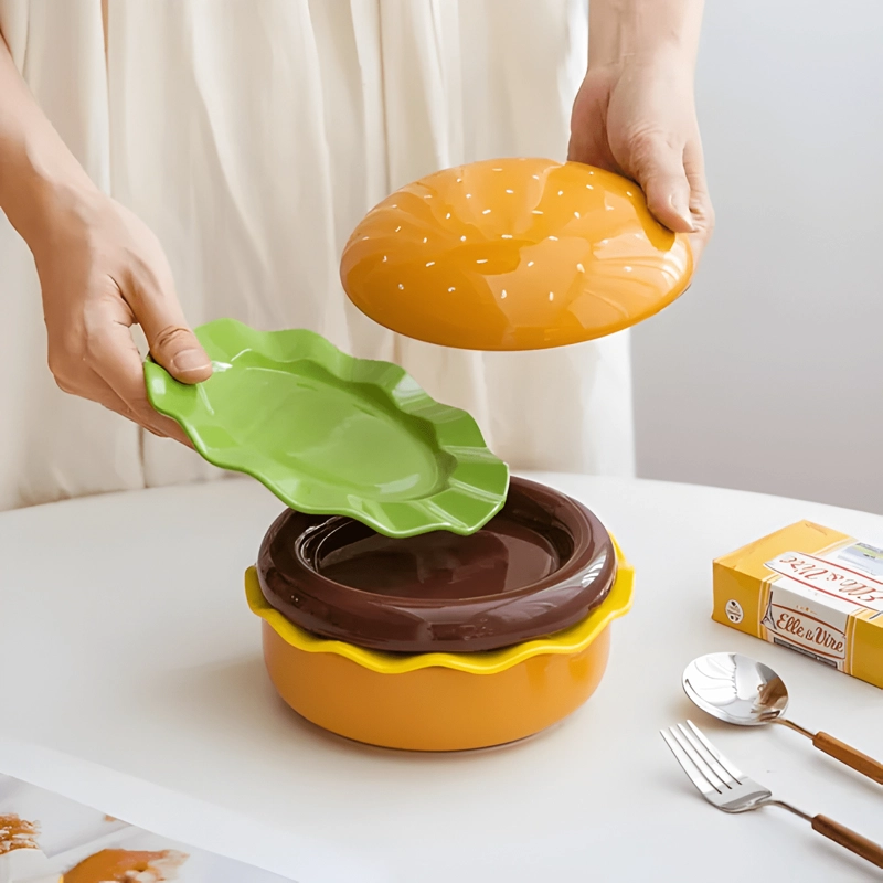 JUEGO DE VAJILLA CERAMICA 5 PIEZAS CON TAPA Y DISEÑO HAMB... - 2