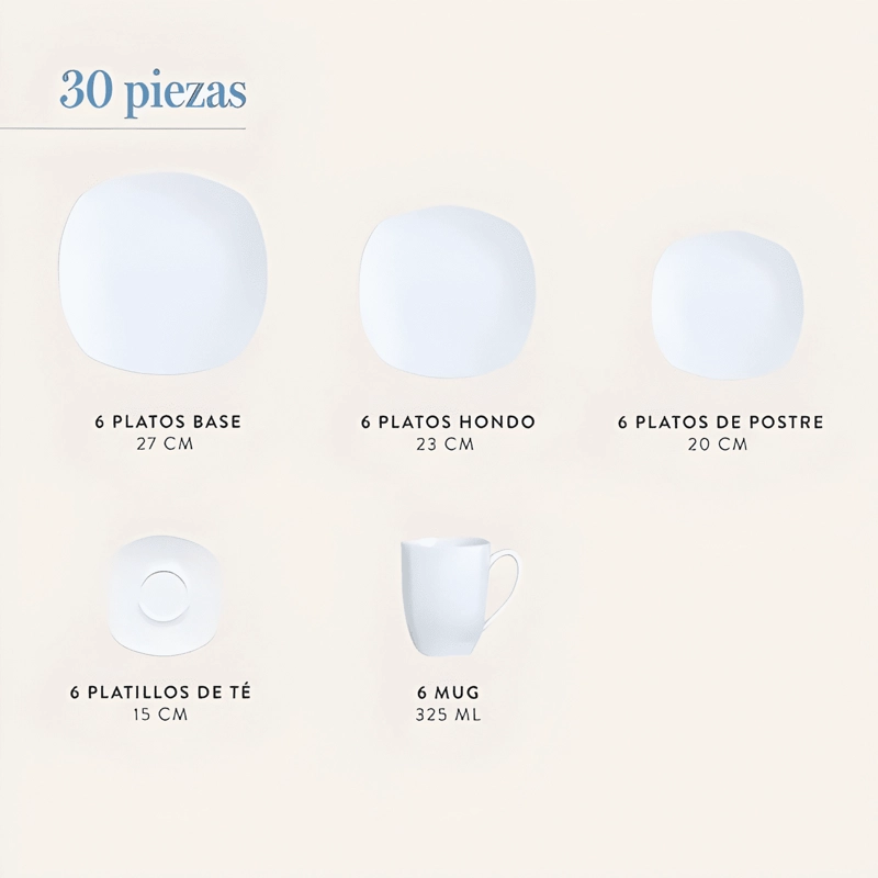 JUEGO SET DE VAJILLA 30PZAS PORCELANA BLANCA - 4