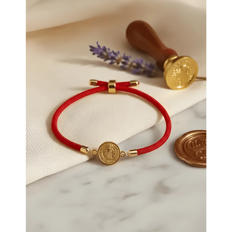 PULSERA CORDON SAN BENITO BAÑO DE ORO PROTECCION MAL ROJO - 1