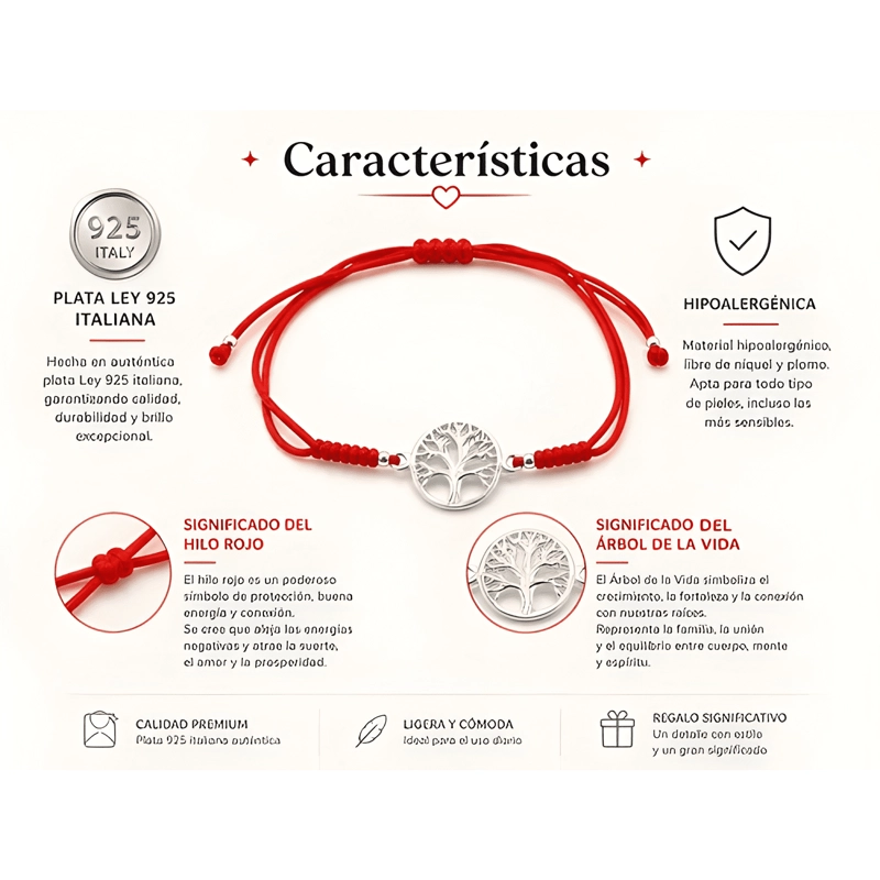 PULSERA HILO ARBOL VIDA PLATA 925 AJUSTABLE AMULETO ROJO - 1