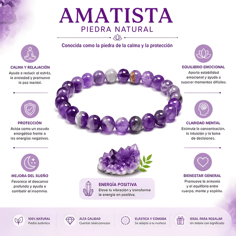 PULSERA AMATISTA NATURAL 8MM MUJER ENERGIA PROTECCION CALMA - 1