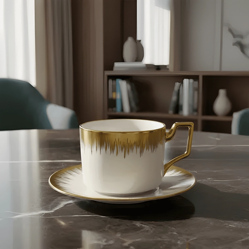 JUEGO TAZA PLATILLO APILABLE BORDE DECORATIVO CAFE  BLANCO #5 - 1