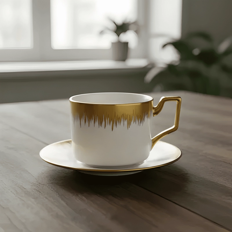 JUEGO TAZA PLATILLO APILABLE BORDE DECORATIVO CAFE  BLANCO #5 - 4