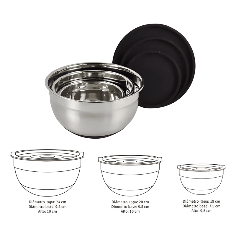 3 BOWLS CON TAPA ACERO INOXIDABLE ANTIDESLIZANTE NEGRO #2 - 1