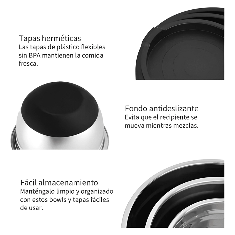 3 BOWLS CON TAPA ACERO INOXIDABLE ANTIDESLIZANTE NEGRO #2 - 3