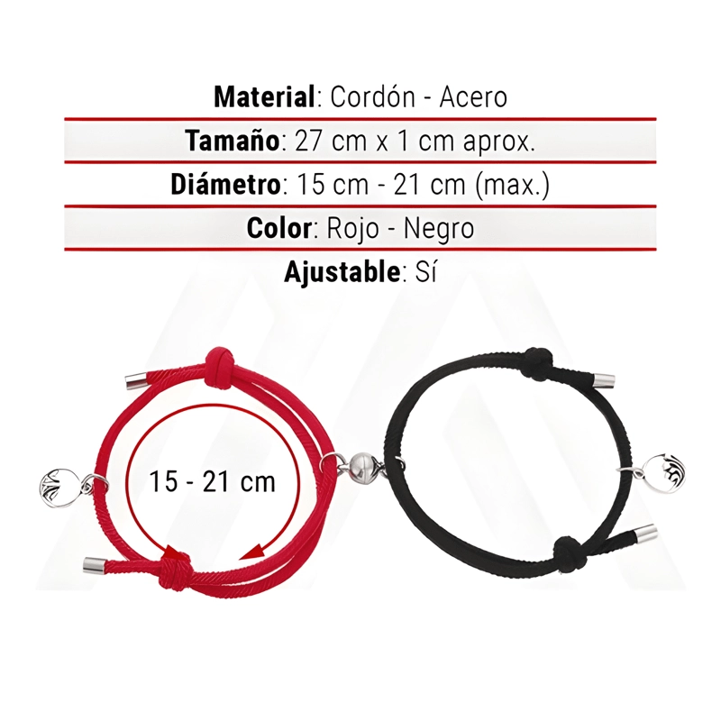 SET PULSERAS PARA PAREJA PROTECCION PAR CON IMAN NEGRA ROJA - 4