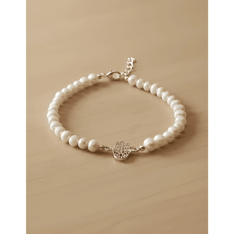 PULSERA PLATA 925 MANO DE FATIMA PERLAS DE RIO NATURAL MUJER - 3