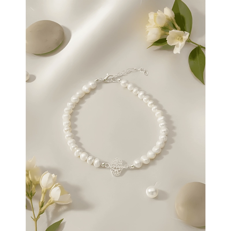 PULSERA PLATA 925 MANO DE FATIMA PERLAS DE RIO NATURAL MUJER - 4