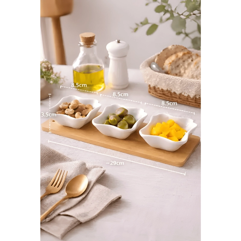 SET 3 BOWLS CERAMICA CON BASE BAMBU BANDEJA APERITIVOS - 1