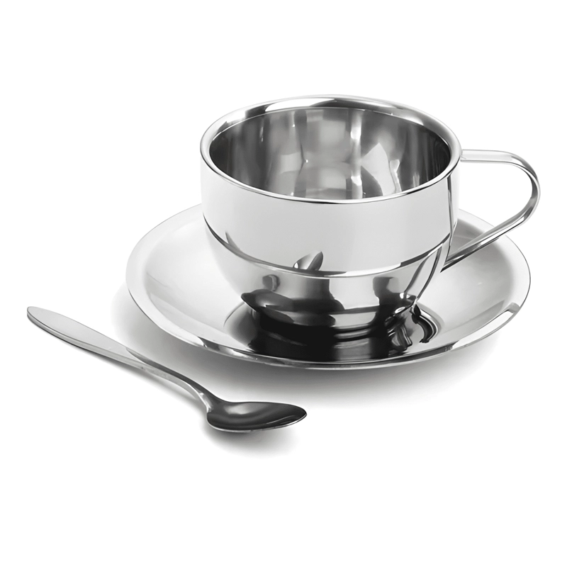 SET 4 TAZAS DE ACERO INOXIDABLE CON CUCHARAS Y PLATOS OKL... - 3