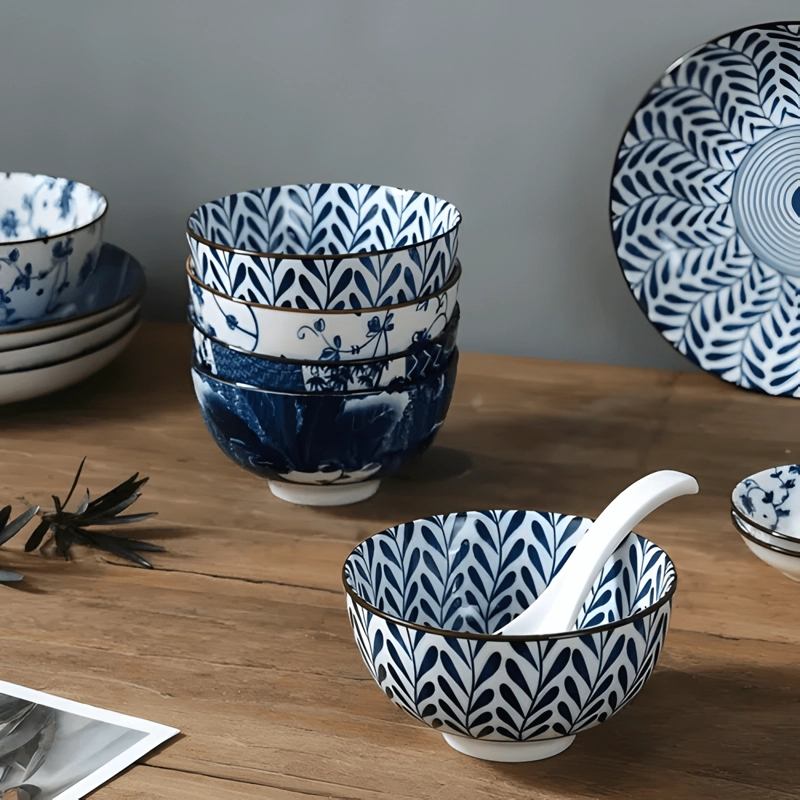 JUEGO DE VAJILLA PORCELANA Y CON PALILLOS GEG... AZUL BLANCA - 1