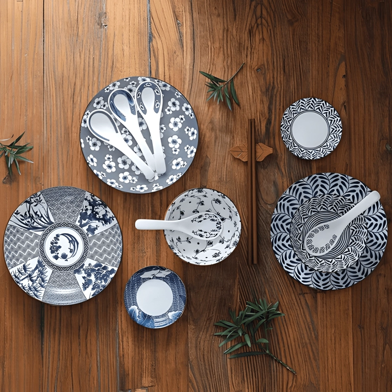JUEGO DE VAJILLA PORCELANA Y CON PALILLOS GEG... AZUL BLANCA - 3