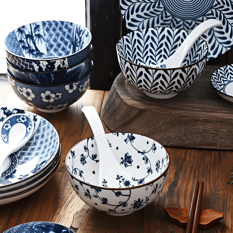 JUEGO DE VAJILLA PORCELANA Y CON PALILLOS GEG... AZUL BLANCA - 4