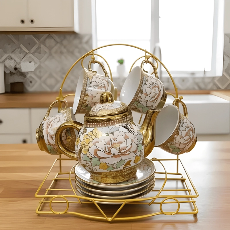 JUEGO TE  DISEÑO FLORAL TETERA SOPORTE ORGANIZADOR HOGAR - 1