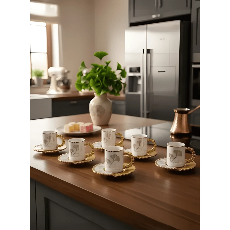 JUEGO VAJILLA SET 6 TAZAS PLATO DECORADO ADORNO CAFE - 4