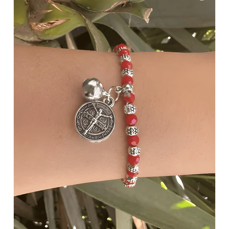 PULSERA SAN BENITO DOS CARAS CRISTALES ROJOS PROTECCION - 2
