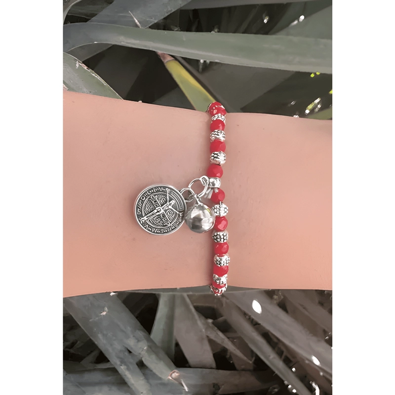 PULSERA SAN BENITO DOS CARAS CRISTALES ROJOS PROTECCION - 4