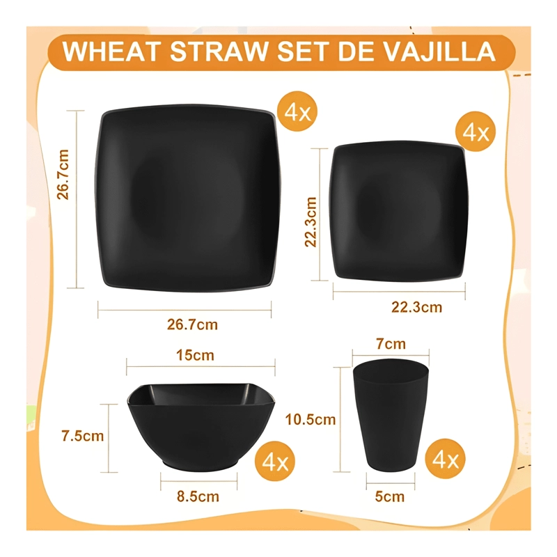 CUADRADA VAJILLA JUEGO COCINA PAJA TRIGO PLATO TAZAS KIT #5 - 1