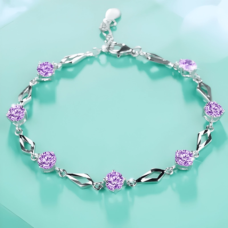PULSERA DE PLATA FINA 925 AMATISTA +CAJA REDONDA LILA #6 - 2