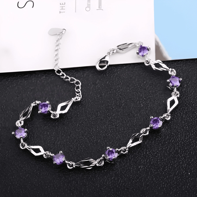 PULSERA DE PLATA FINA 925 AMATISTA +CAJA REDONDA LILA #6 - 4