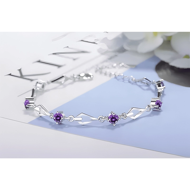 PULSERA DE PLATA FINA 925 AMATISTA +CAJA REDONDA LILA #2 - 1