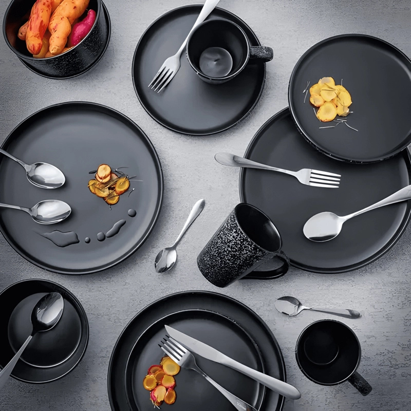 JUEGO LOZA 16 PIEZAS CERAMICA MARMOL PLATOS TAZAS NEGRO - 1