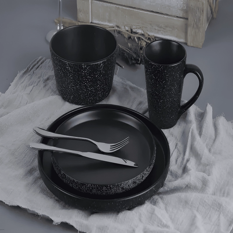JUEGO LOZA 16 PIEZAS CERAMICA MARMOL PLATOS TAZAS NEGRO - 2