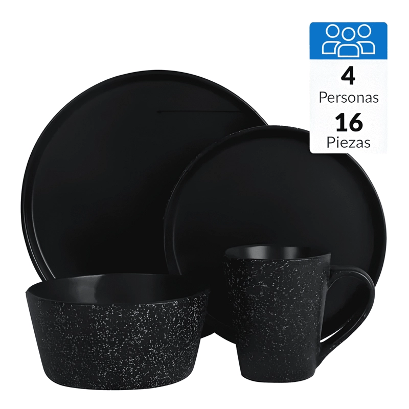 JUEGO LOZA 16 PIEZAS CERAMICA MARMOL PLATOS TAZAS NEGRO - 4