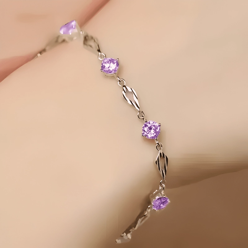 C PULSERA DE PLATA FINA S925 AMATISTA LILA PURPURA - 3